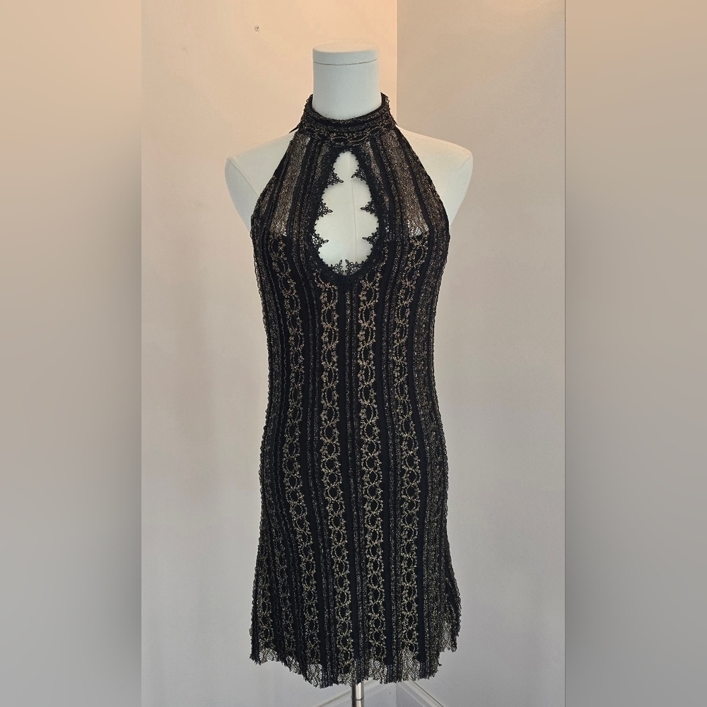 NWT Free People Black & Gold Stretch Lace Mini Dress Button Back Mock Neck Sz. S